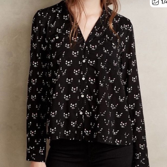 Maeve Tops - Anthropologie Maeve Black Cat Pattern Shirt Size 10 Twee